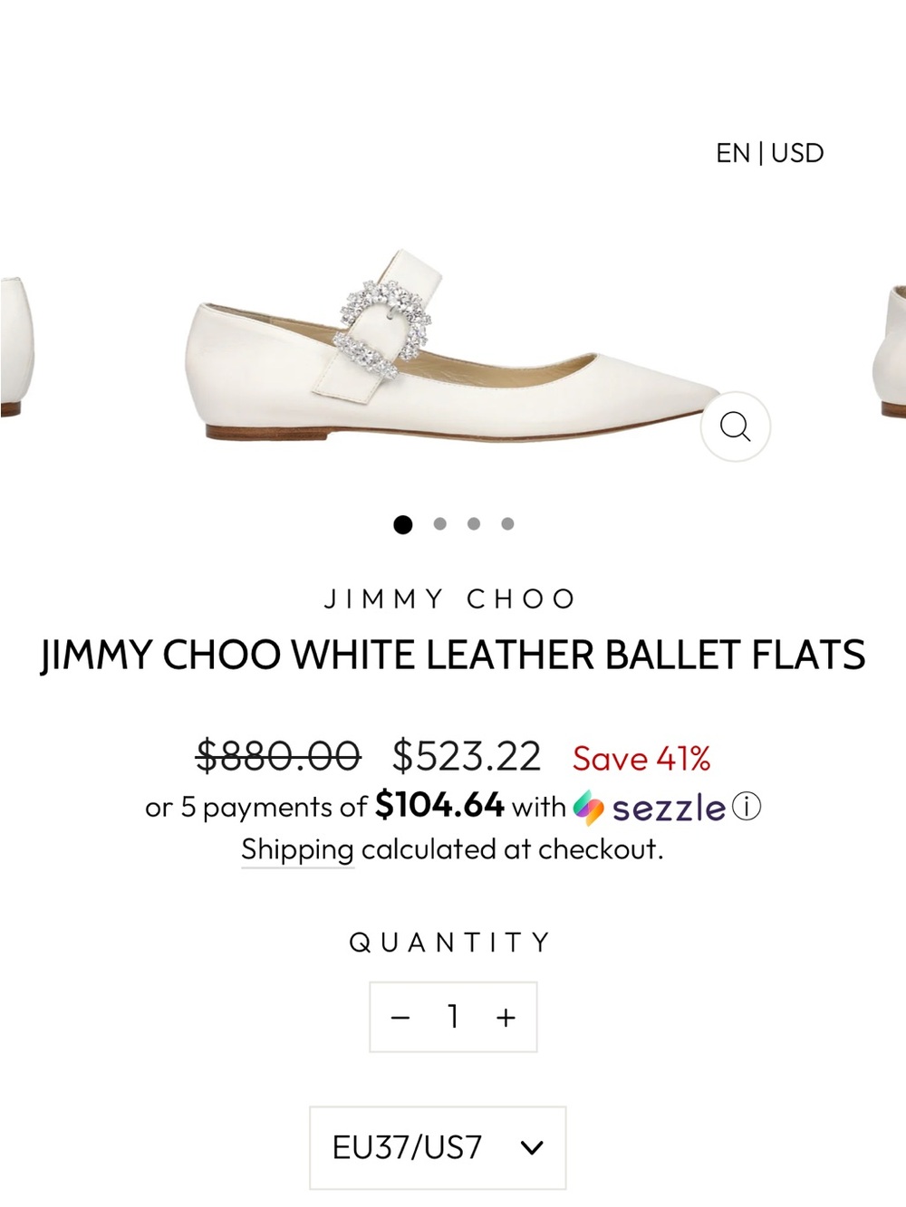 Jimmy Choo White Pointed Leather Ballet Flats with Crystal Buckle -NWT, size 38